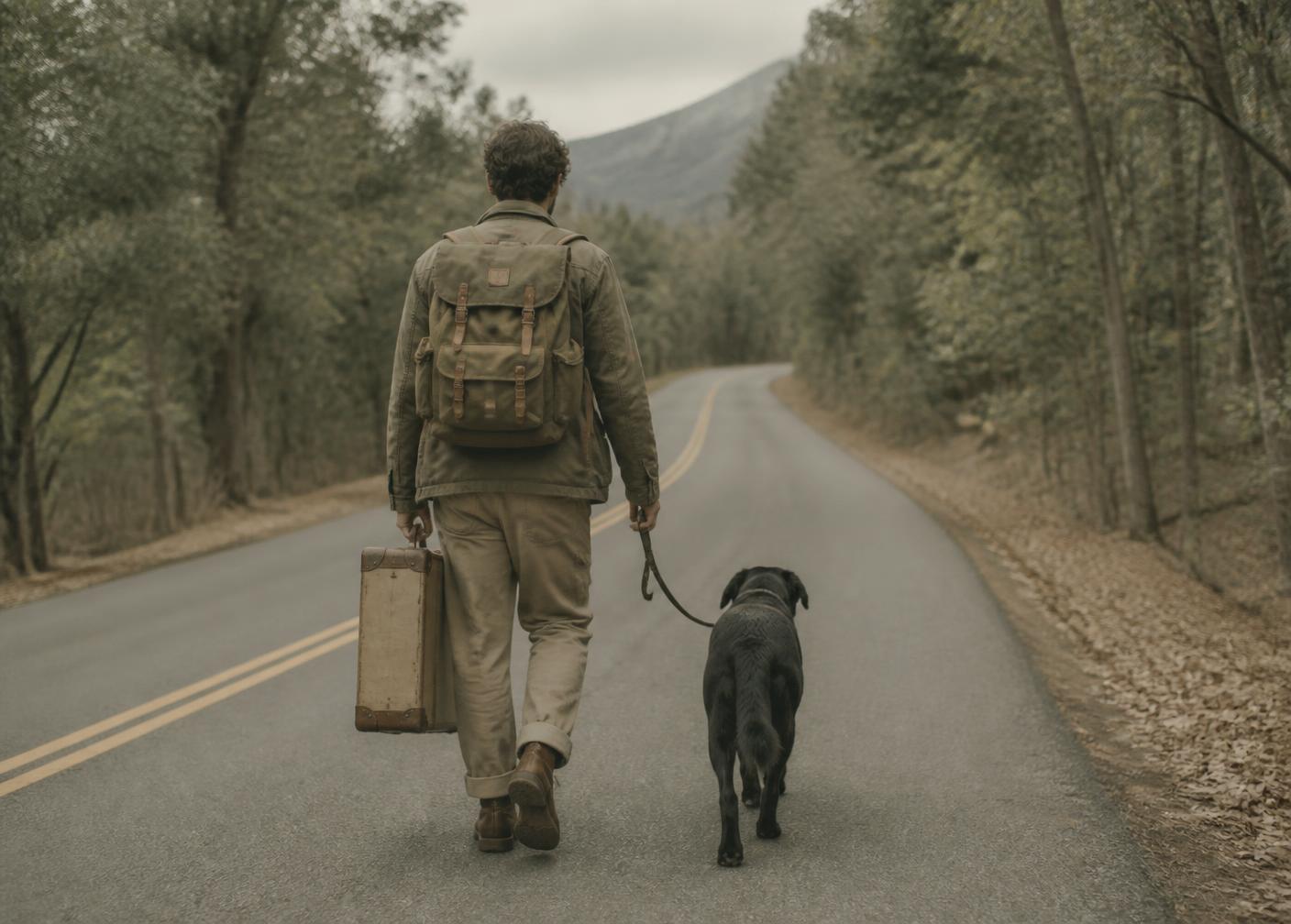 Traveller walking with a black dog along a quiet forest road