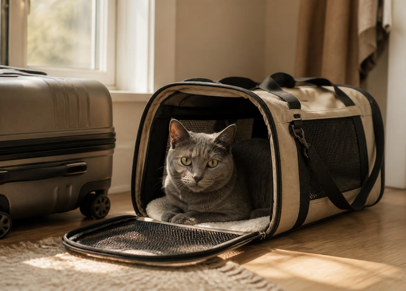 Calm grey cat resting inside an open soft travel carrier beside a suitcase in sunlight