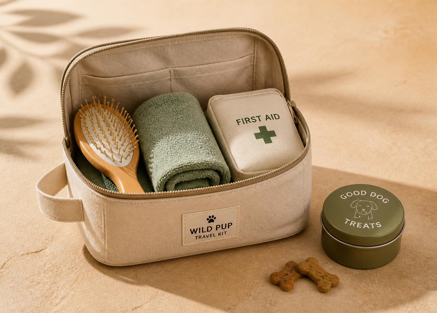 Open canvas pet travel kit containing a brush, folded towel, first aid pouch and treat tin