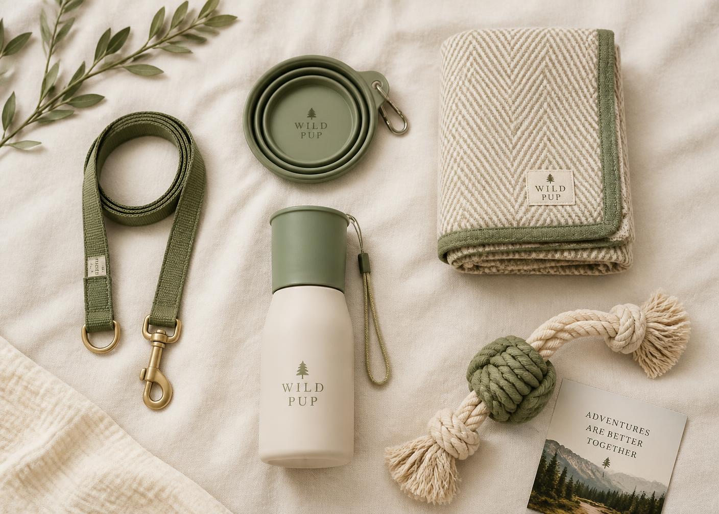 Flat lay of dog travel essentials including a leash, collapsible bowl, water bottle and folded blanket on cream linen