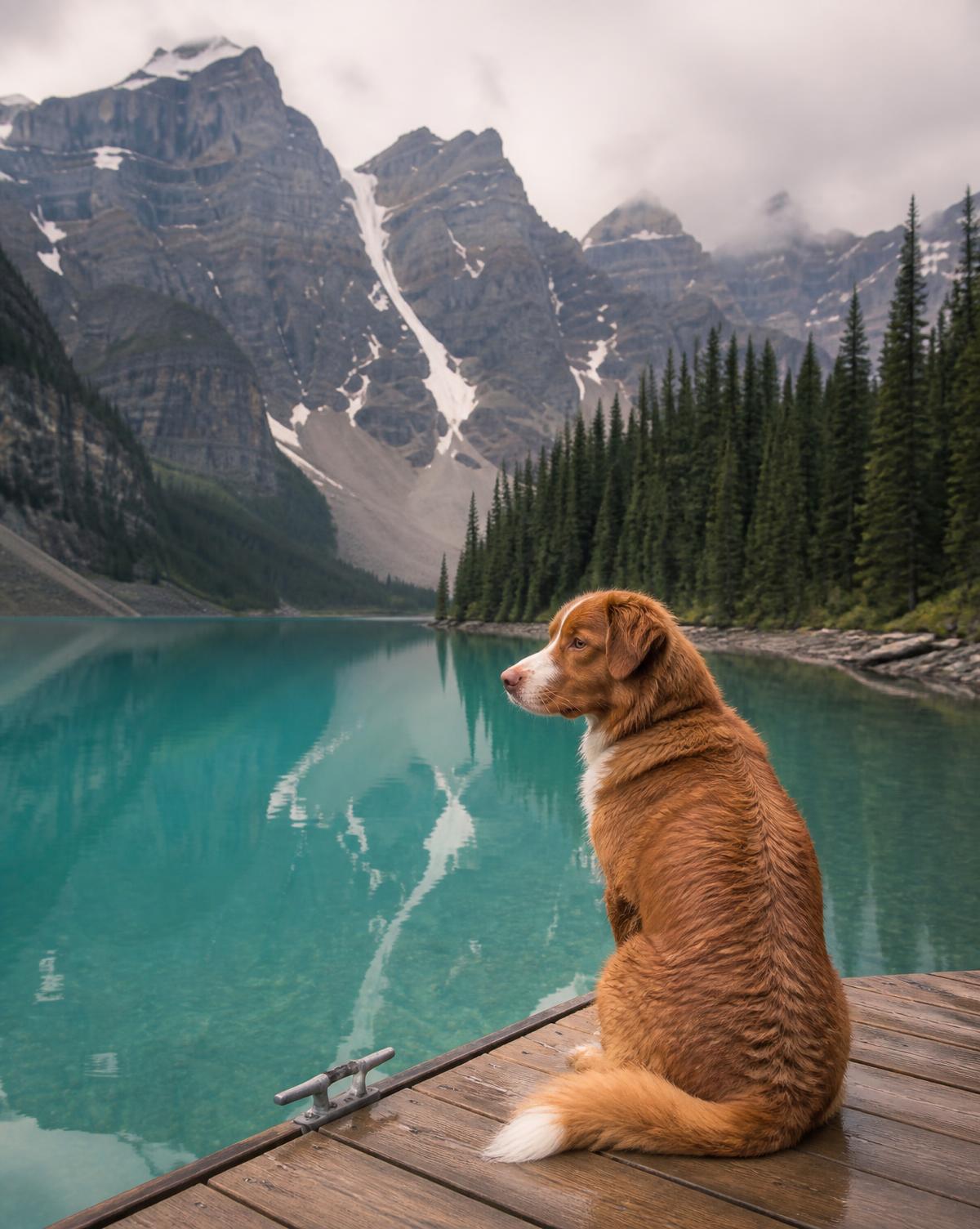 Dog sitting on a wooden dock beside a turquoise mountain lake in the Canadian Rockies