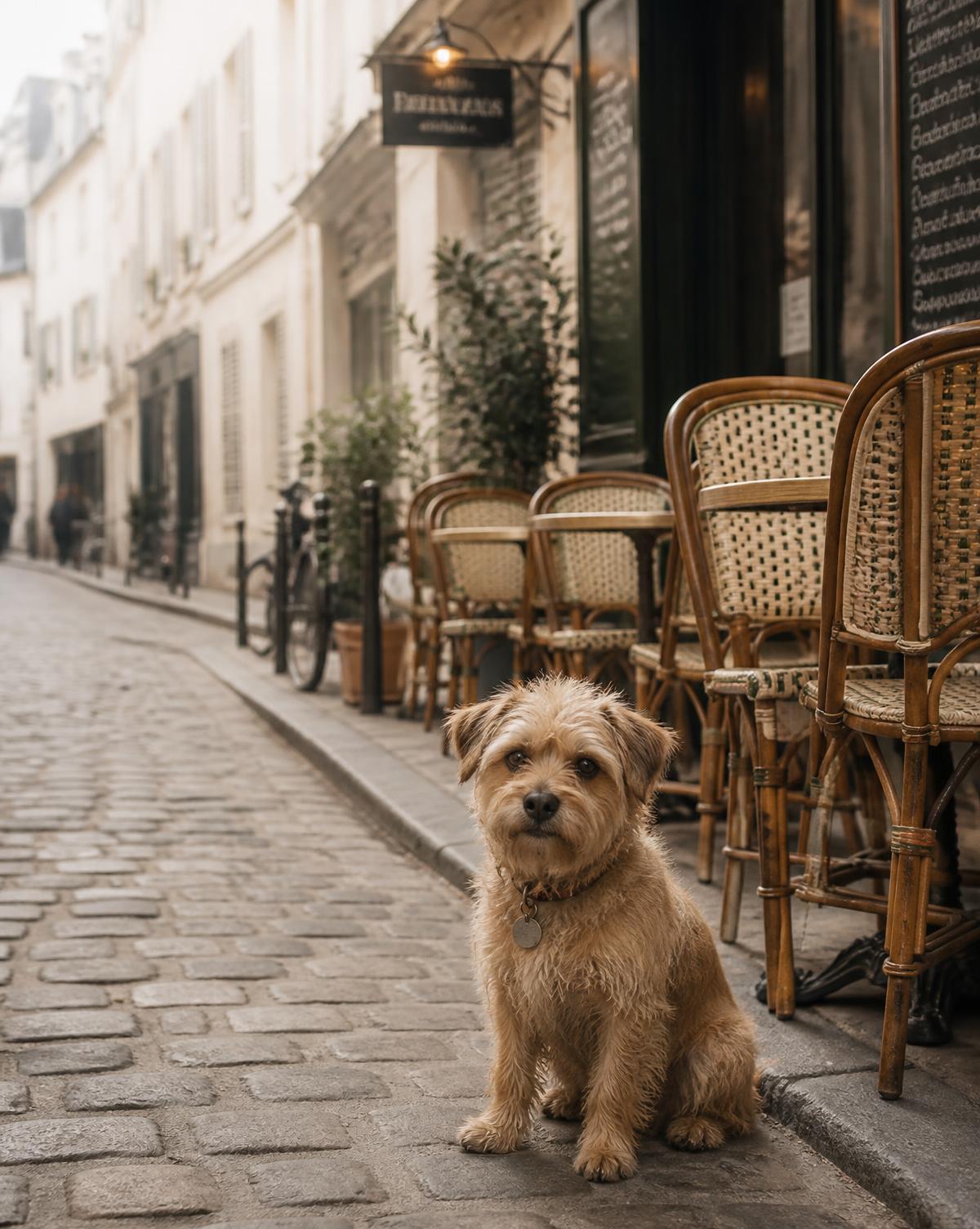 Small terrier sitting on a cobblestone street beside a European café terrace