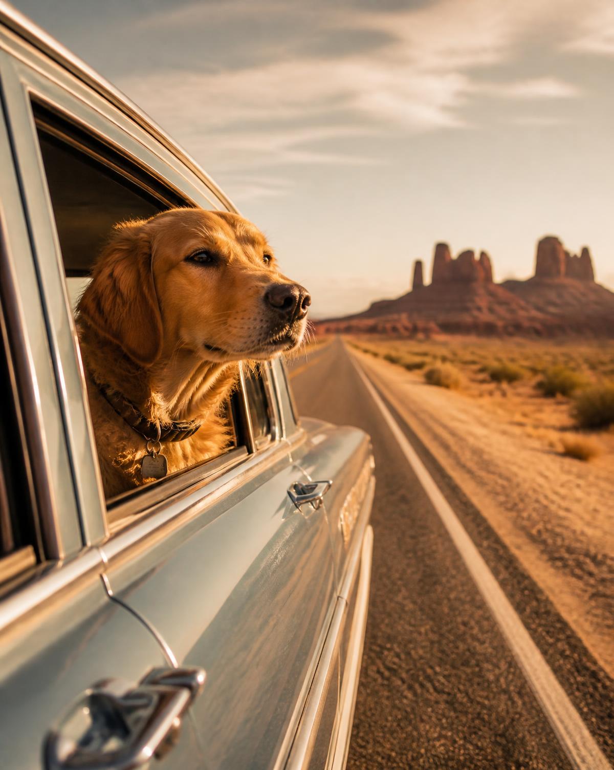 Golden retriever leaning out of a car window on an American desert highway at sunset