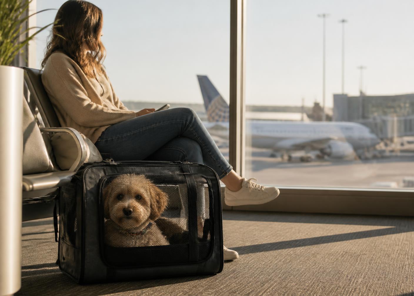 Small dog resting in a soft travel carrier beside its owner at an airport departure gate