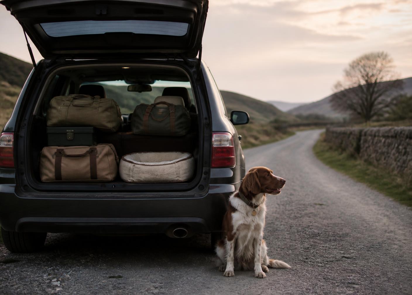 Car boot packed with bags and a dog bed on a country road, with a dog waiting beside it