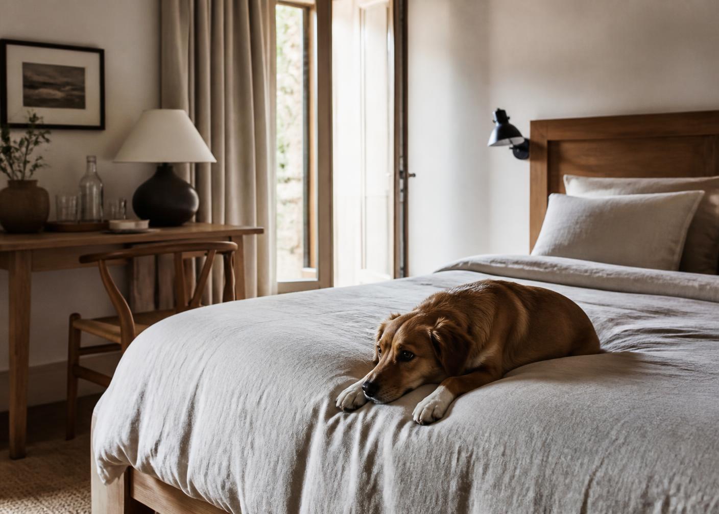 Dog resting on a linen bed in a warm boutique hotel room with wooden furniture