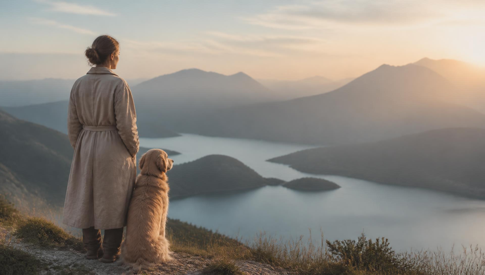 Traveller standing with her golden retriever above a misty mountain lake at sunrise